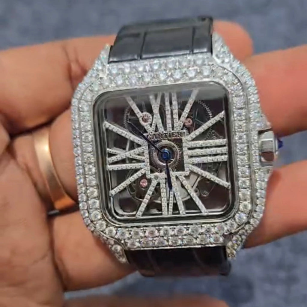 Cartier Skeleton Moissanite Watch — Black Strap