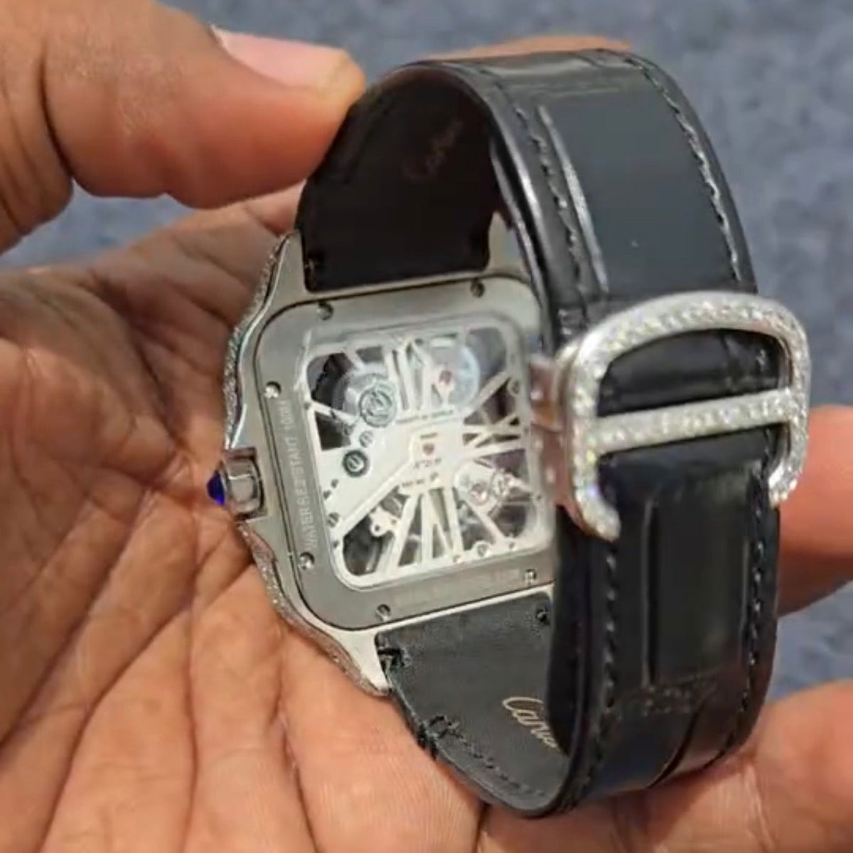 Cartier Skeleton Moissanite Watch — Black Strap