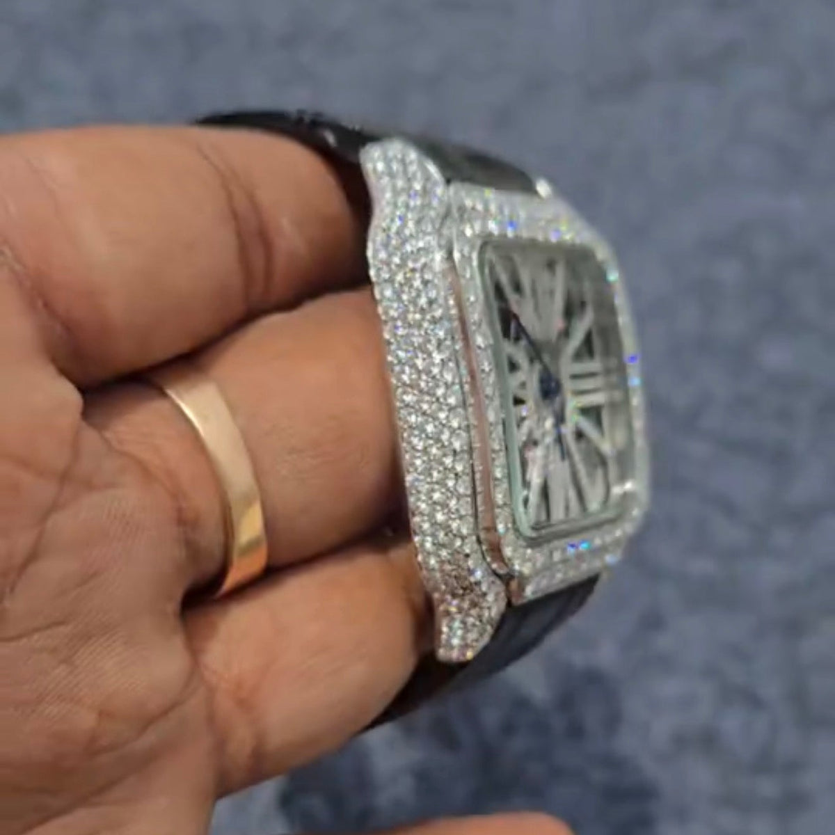 Cartier Skeleton Moissanite Watch — Black Strap