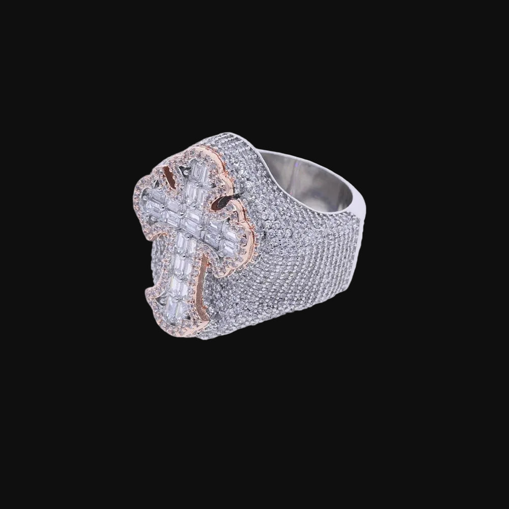 Two Tone Color Cross Finger flooded Ring 5A Cubic Zircon Prong Setting