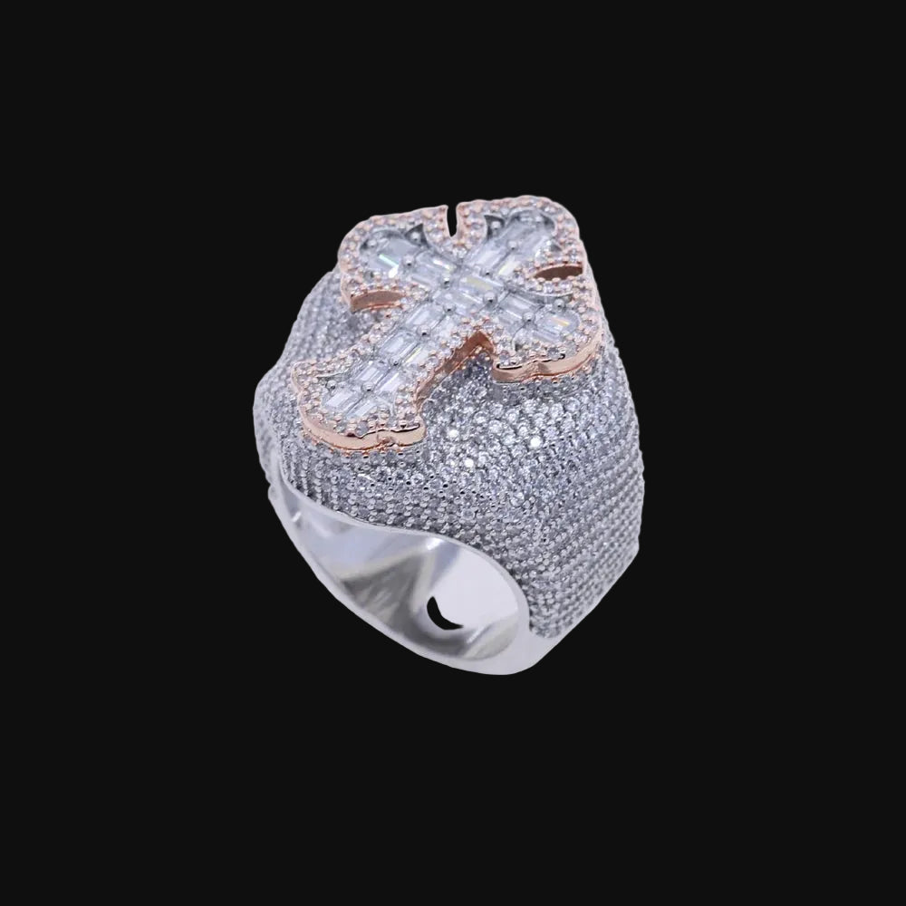 Two Tone Color Cross Finger flooded Ring 5A Cubic Zircon Prong Setting
