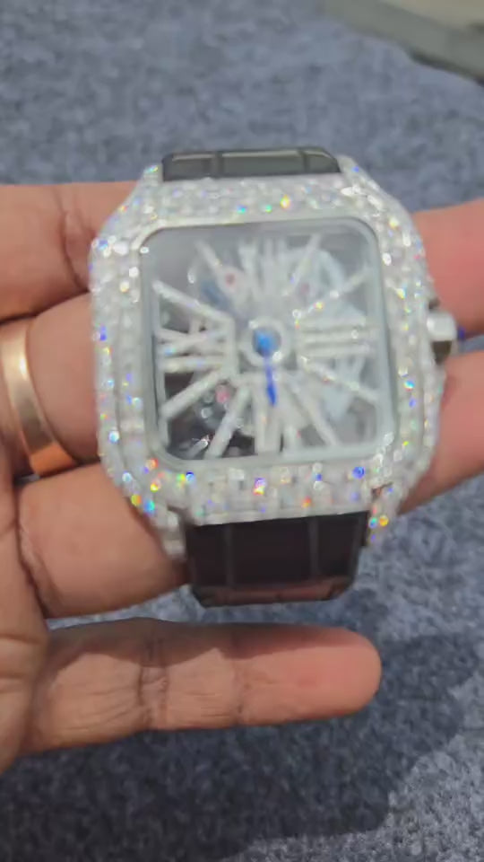 Cartier Skeleton Moissanite Watch — Black Strap